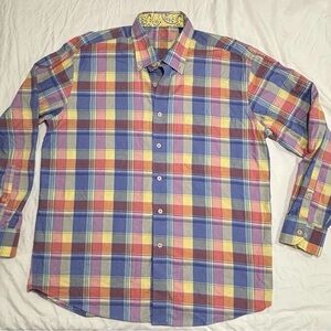 Alan Flusser Men's Size L Long Sleeve Button Down Shirt Multicolor Plaid, Cotton